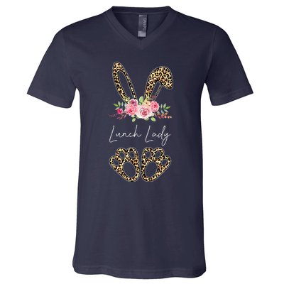 Womens Lunch Lady Bunny Leopard Flowers Easter Gifts V-Neck T-Shirt