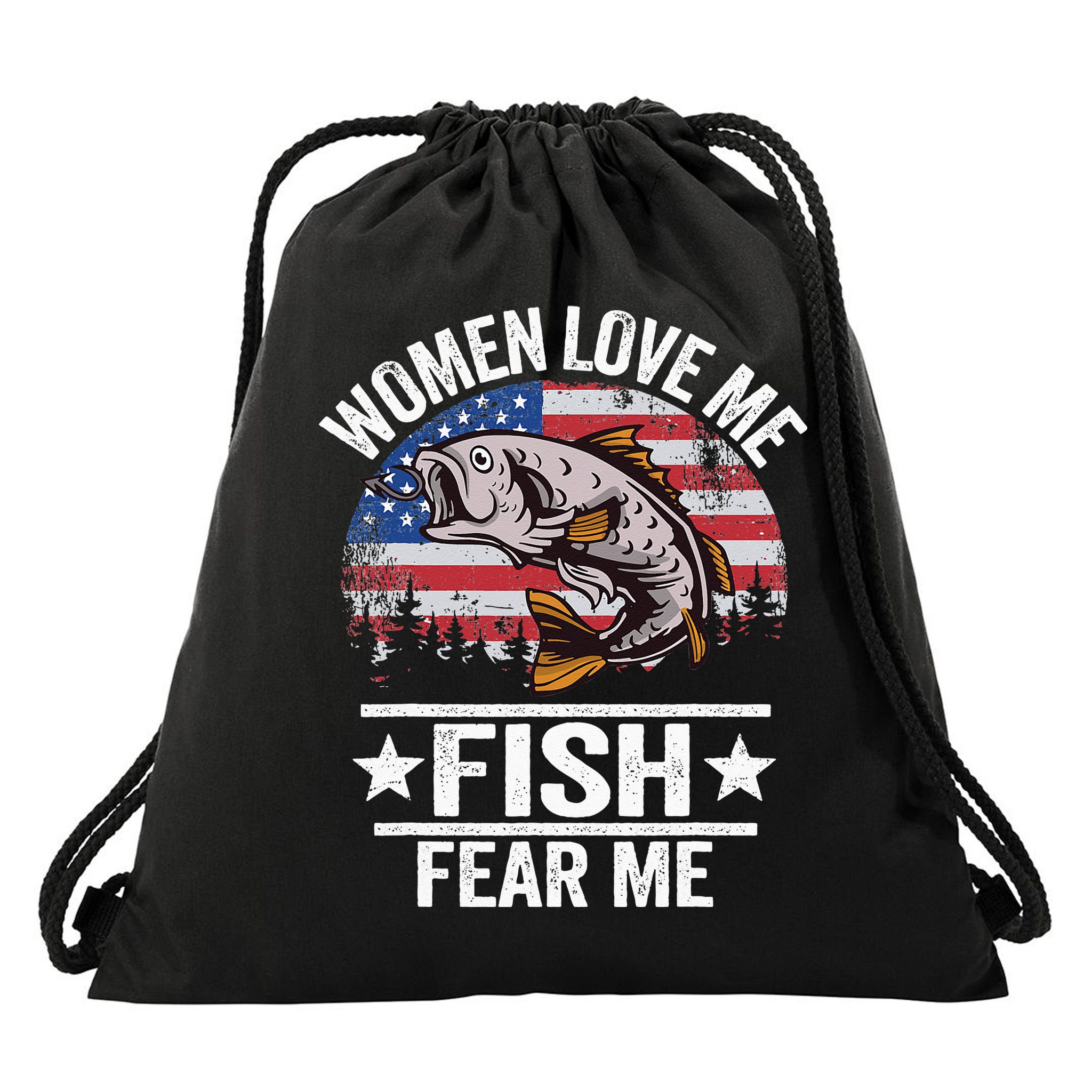 Women Love Me Fish Fear Me Men Vintage Funny Bass Fishing Drawstring Bag