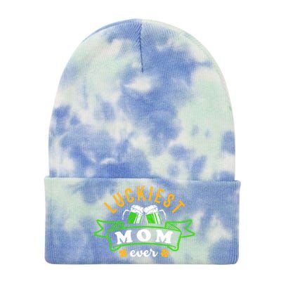 Wo's Luckiest Mom Ever Saint Patrick's Day Shamrock Irish Gift Tie Dye 12in Knit Beanie