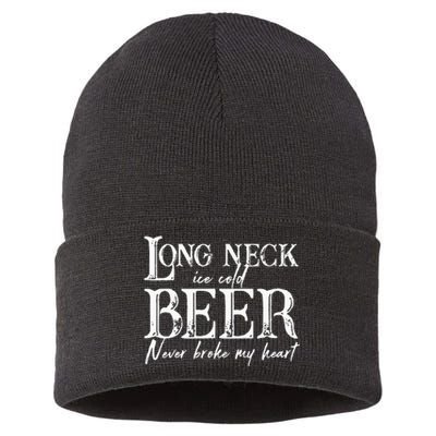 Womens Long Neck Ice Cold Beer Never Broke My Heart Sustainable Knit Beanie