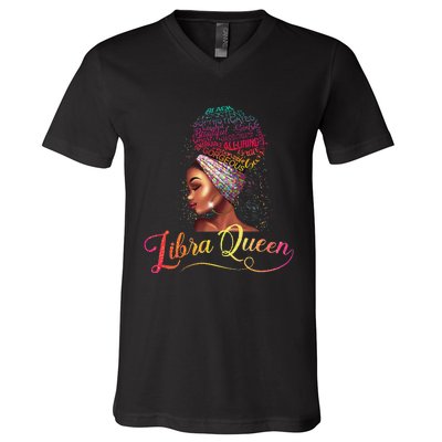 Wo Libra Queen Afro Wo September October Melanin Birthday V-Neck T-Shirt