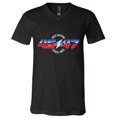 When Lightning Strikes Twice 45 47 Trump Reelection V-Neck T-Shirt