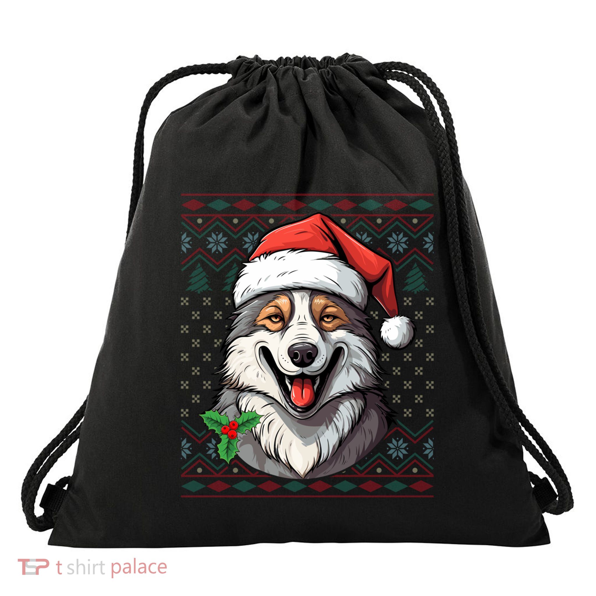 Wolf Lover Santa Hat Xmas Winter Ugly Wolf Christmas Gift Drawstring Bag