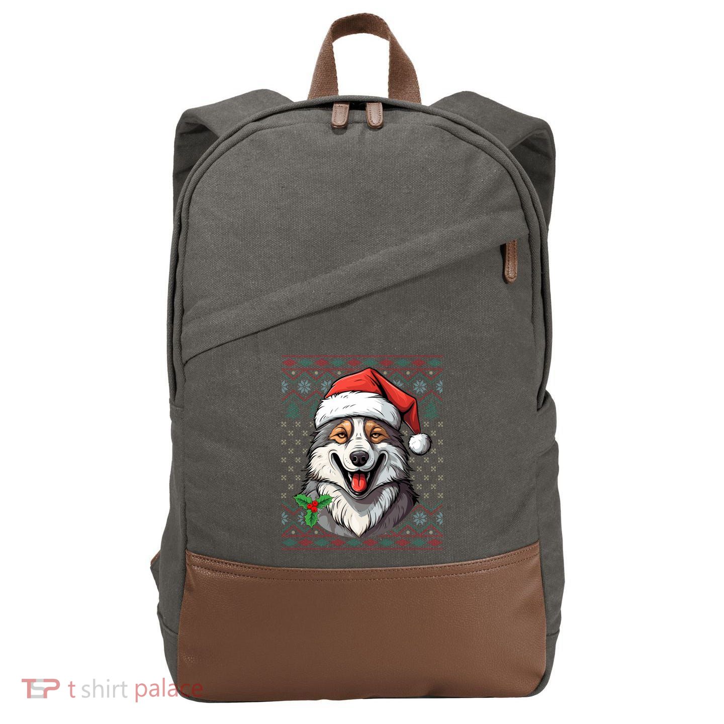 Wolf Lover Santa Hat Xmas Winter Ugly Wolf Christmas Gift Cotton Canvas Backpack