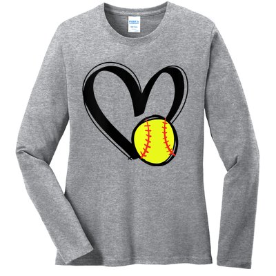 Womens Love Softball Heart Ladies Long Sleeve Shirt