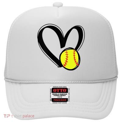 Womens Love Softball Heart High Crown Mesh Back Trucker Hat