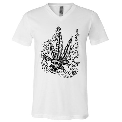 Weed Leaf Skull Skeleton Smoker V-Neck T-Shirt