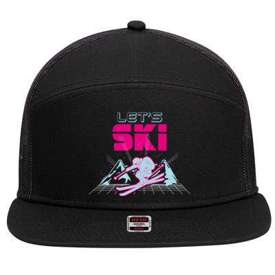 Woman Lets Ski Mountains Winter Gift For Skier 7 Panel Mesh Trucker Snapback Hat