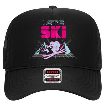 Woman Lets Ski Mountains Winter Gift For Skier High Crown Mesh Back Trucker Hat