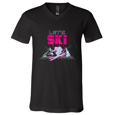 Woman Lets Ski Mountains Winter Gift For Skier V-Neck T-Shirt