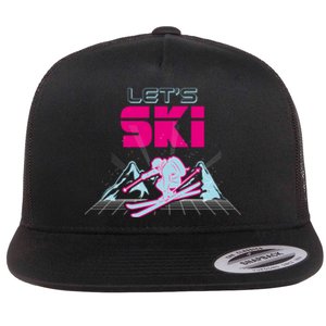 Woman Lets Ski Mountains Winter Gift For Skier Flat Bill Trucker Hat