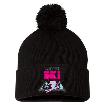 Woman Lets Ski Mountains Winter Gift For Skier Pom Pom 12in Knit Beanie