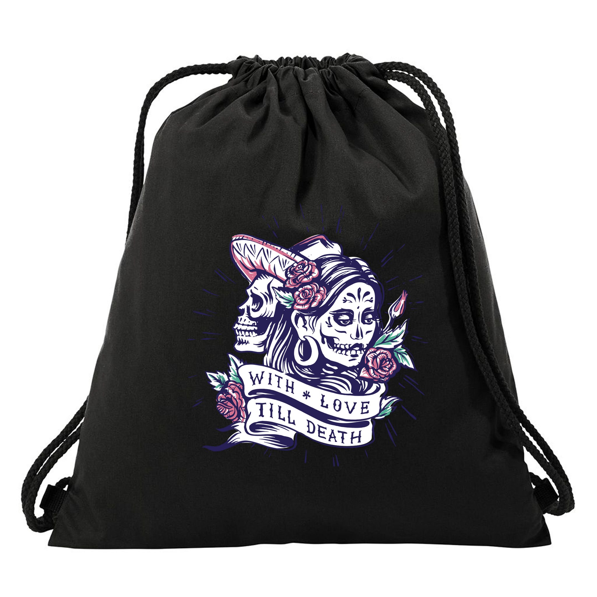 With Love Till Death Day Of The Dead Drawstring Bag