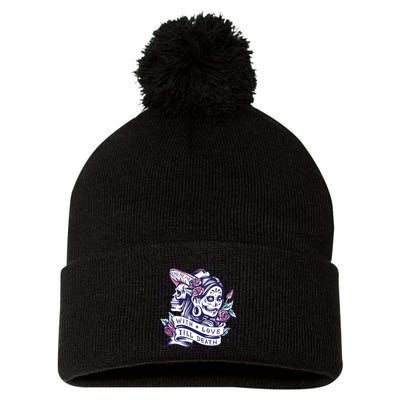 With Love Till Death Day Of The Dead Pom Pom 12in Knit Beanie