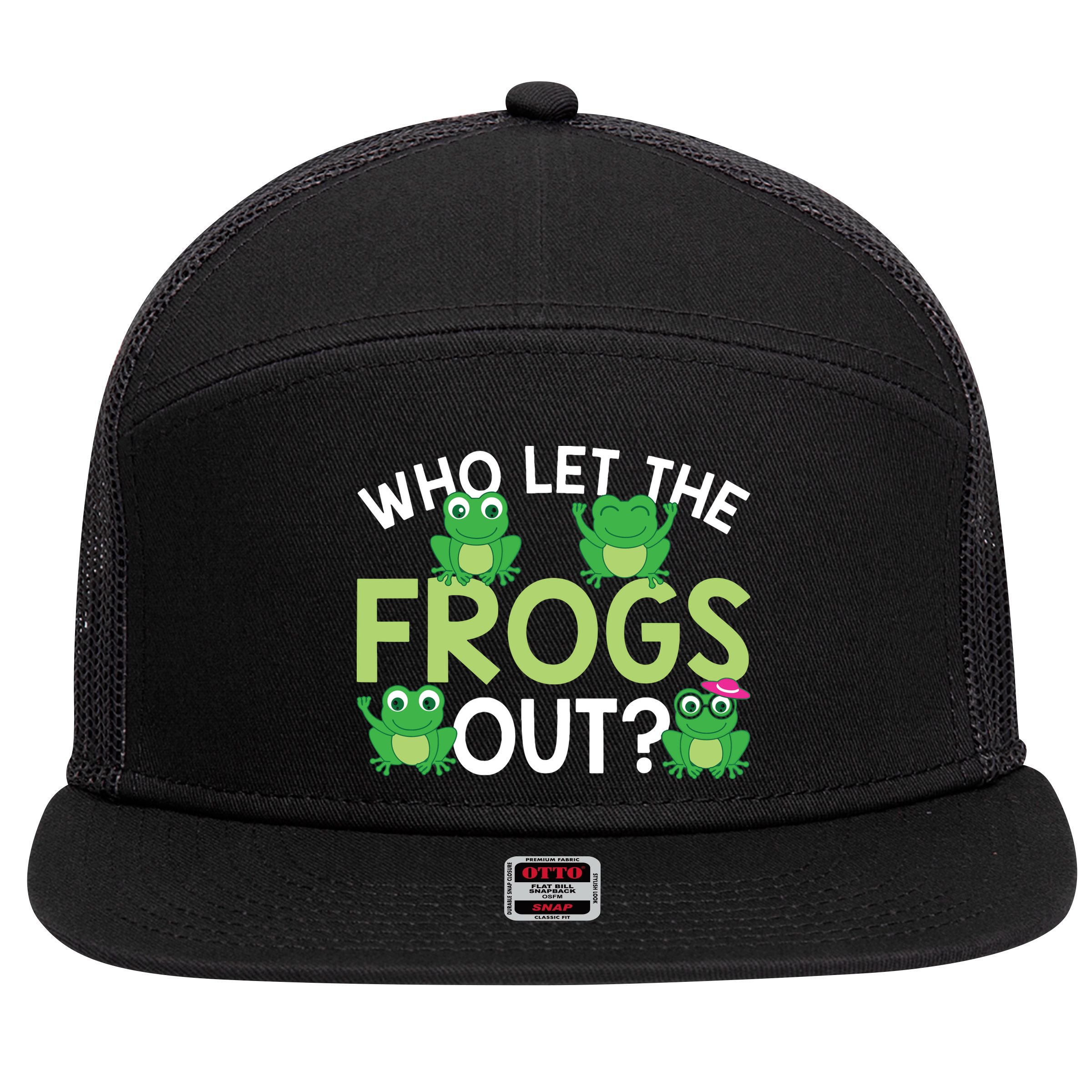 Who Let The Frogs Out Funny Frog Lovers MM 7 Panel Mesh Trucker Snapback Hat