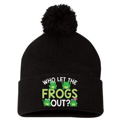 Who Let The Frogs Out Funny Frog Lovers MM Pom Pom 12in Knit Beanie