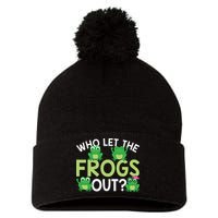 Who Let The Frogs Out Funny Frog Lovers MM Pom Pom 12in Knit Beanie
