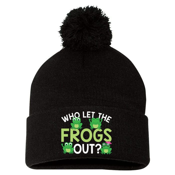 Who Let The Frogs Out Funny Frog Lovers MM Pom Pom 12in Knit Beanie