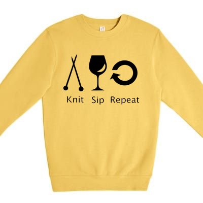 Womens Love To Knit Sip Wine And Repeat Funny Knitting Premium Crewneck Sweatshirt