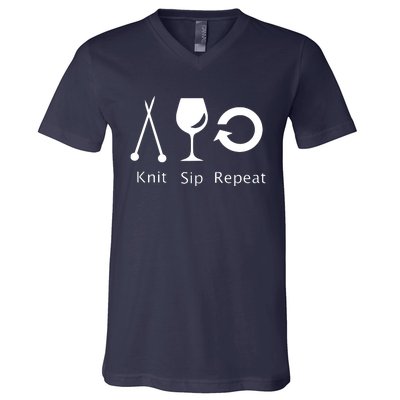 Womens Love To Knit Sip Wine And Repeat Funny Knitting V-Neck T-Shirt