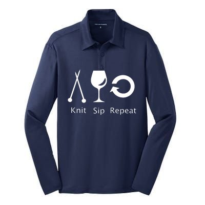 Womens Love To Knit Sip Wine And Repeat Funny Knitting Silk Touch Performance Long Sleeve Polo