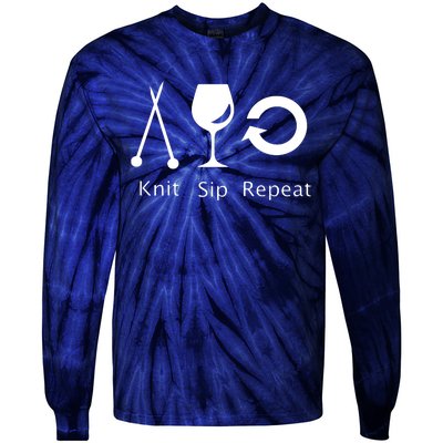 Womens Love To Knit Sip Wine And Repeat Funny Knitting Tie-Dye Long Sleeve Shirt