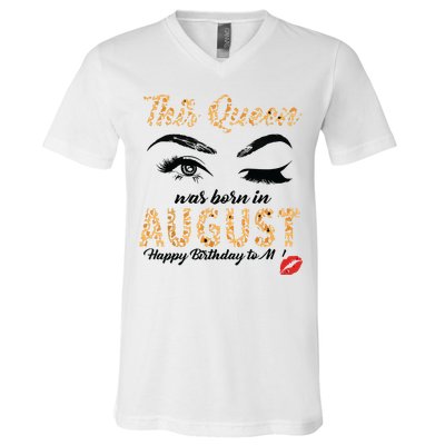 Womens Leopard This Queen Was Born In August V-Neck T-Shirt