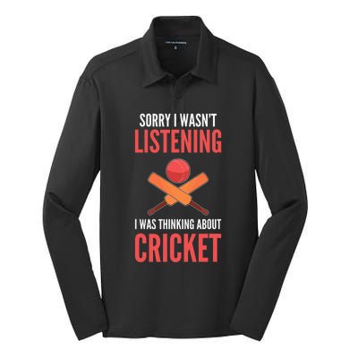 Wasn't Listening Thinking About Cricket Funny Cricket Player Silk Touch Performance Long Sleeve Polo