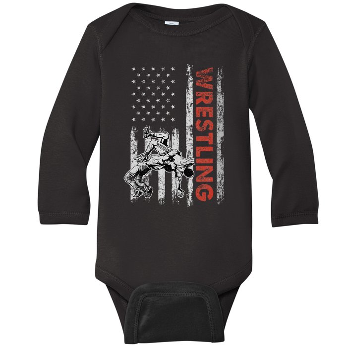 Wrestling Lovers Vintage American Flag 4th Of July Gift Baby Long Sleeve Bodysuit