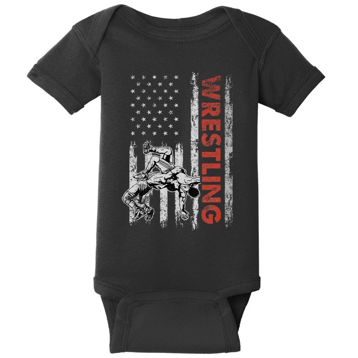 Wrestling Lovers Vintage American Flag 4th Of July Gift Baby Bodysuit