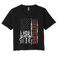 Wrestling Lovers Vintage American Flag 4th Of July Gift Women's Crop Top Tee