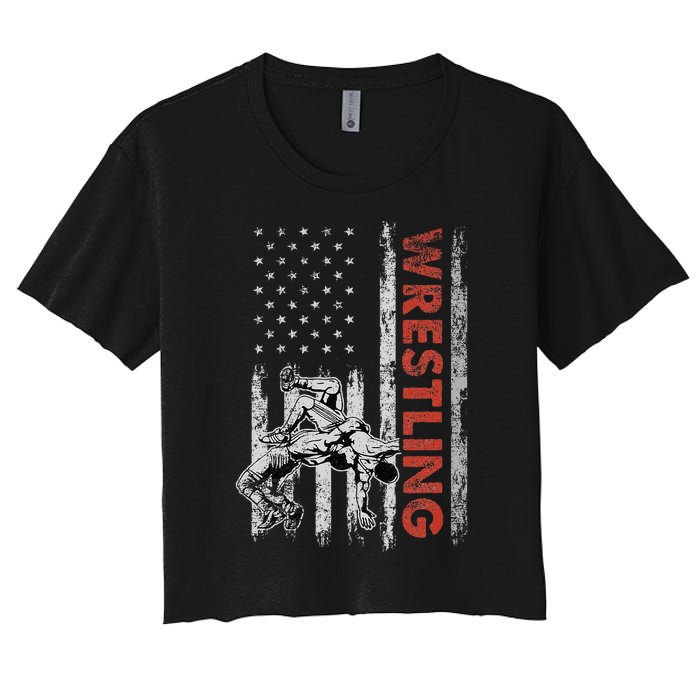 Wrestling Lovers Vintage American Flag 4th Of July Gift Women's Crop Top Tee