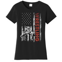 Wrestling Lovers Vintage American Flag 4th Of July Gift Women's T-Shirt