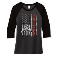 Wrestling Lovers Vintage American Flag 4th Of July Gift Women's Tri-Blend 3/4-Sleeve Raglan Shirt