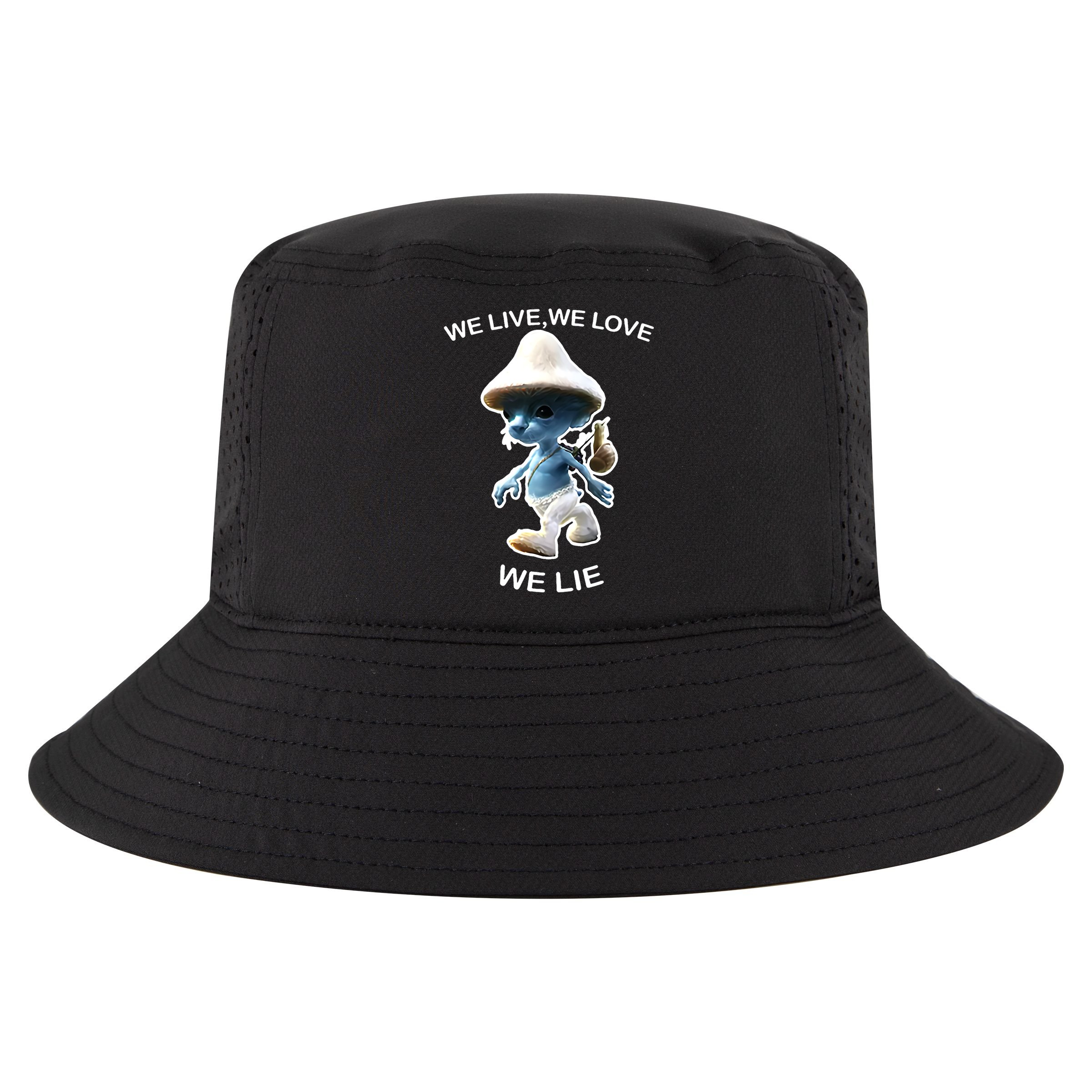 We Live We Love We Lie Funny Blue Mushroom Cat Trendy Meme Cool Comfort Performance Bucket Hat