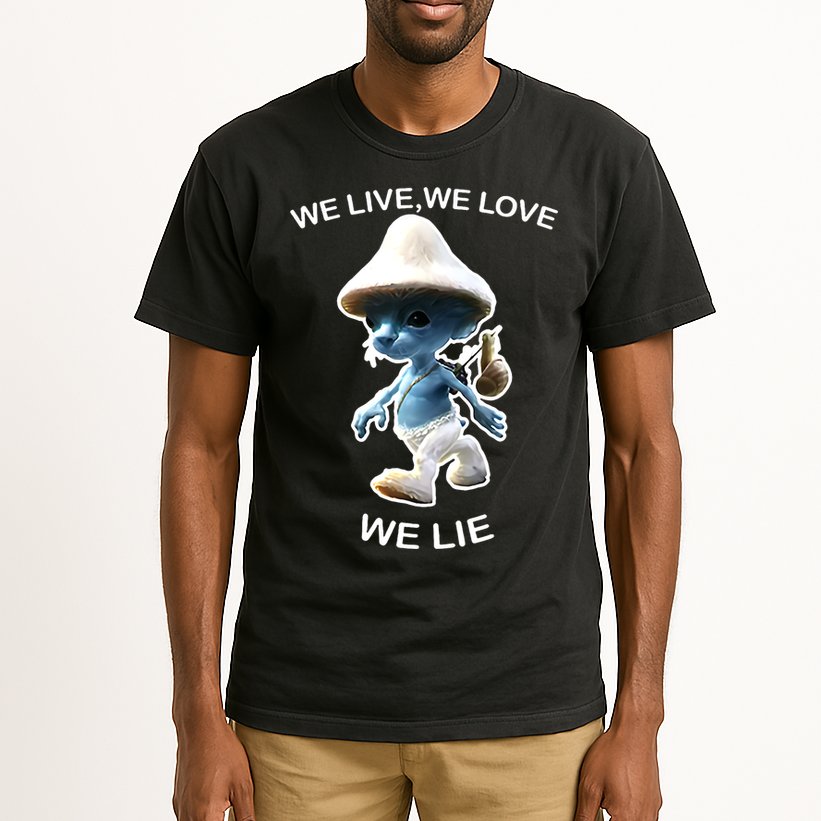 We Live We Love We Lie Funny Blue Mushroom Cat Trendy Meme Tall T-Shirt