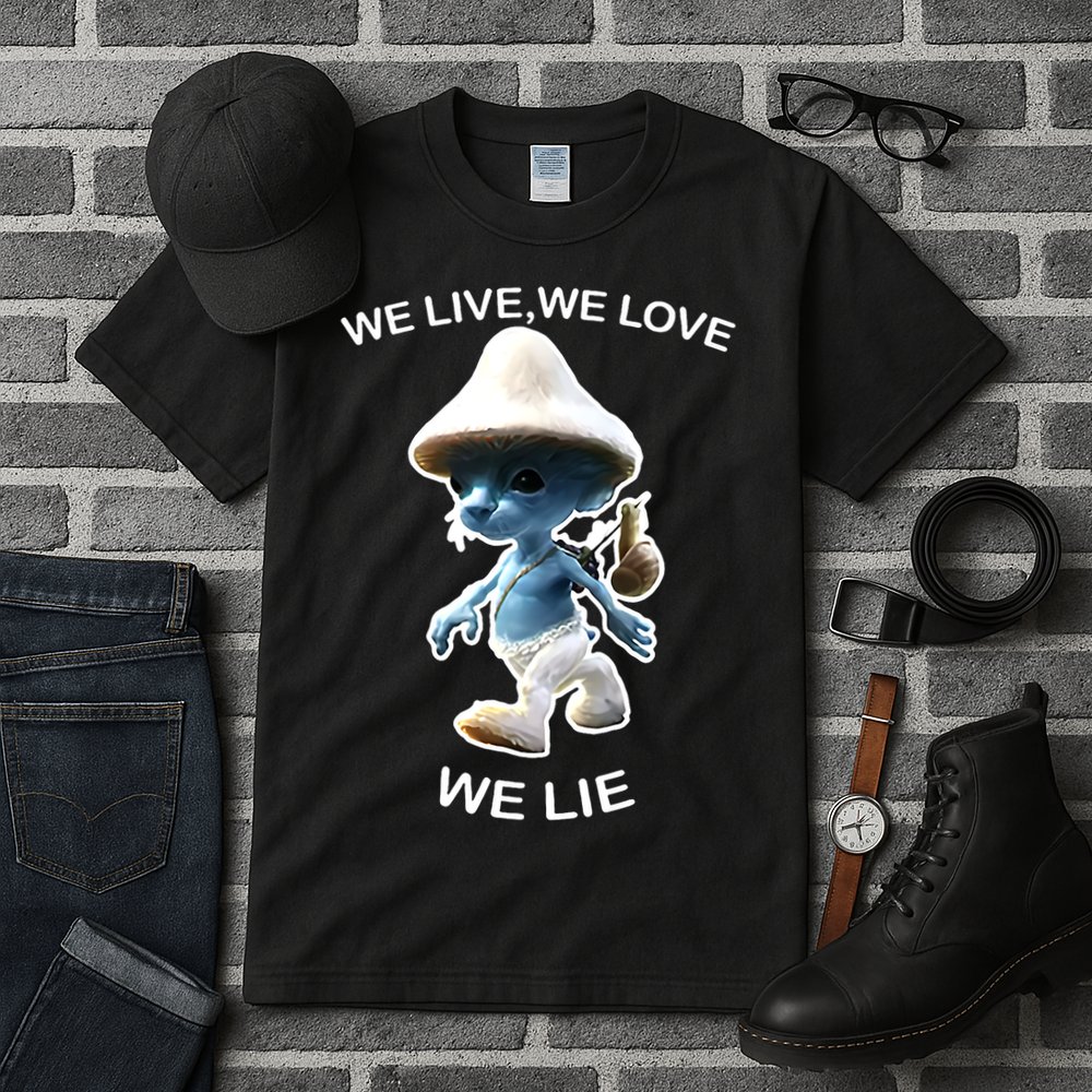 We Live We Love We Lie Funny Blue Mushroom Cat Trendy Meme Tall T-Shirt
