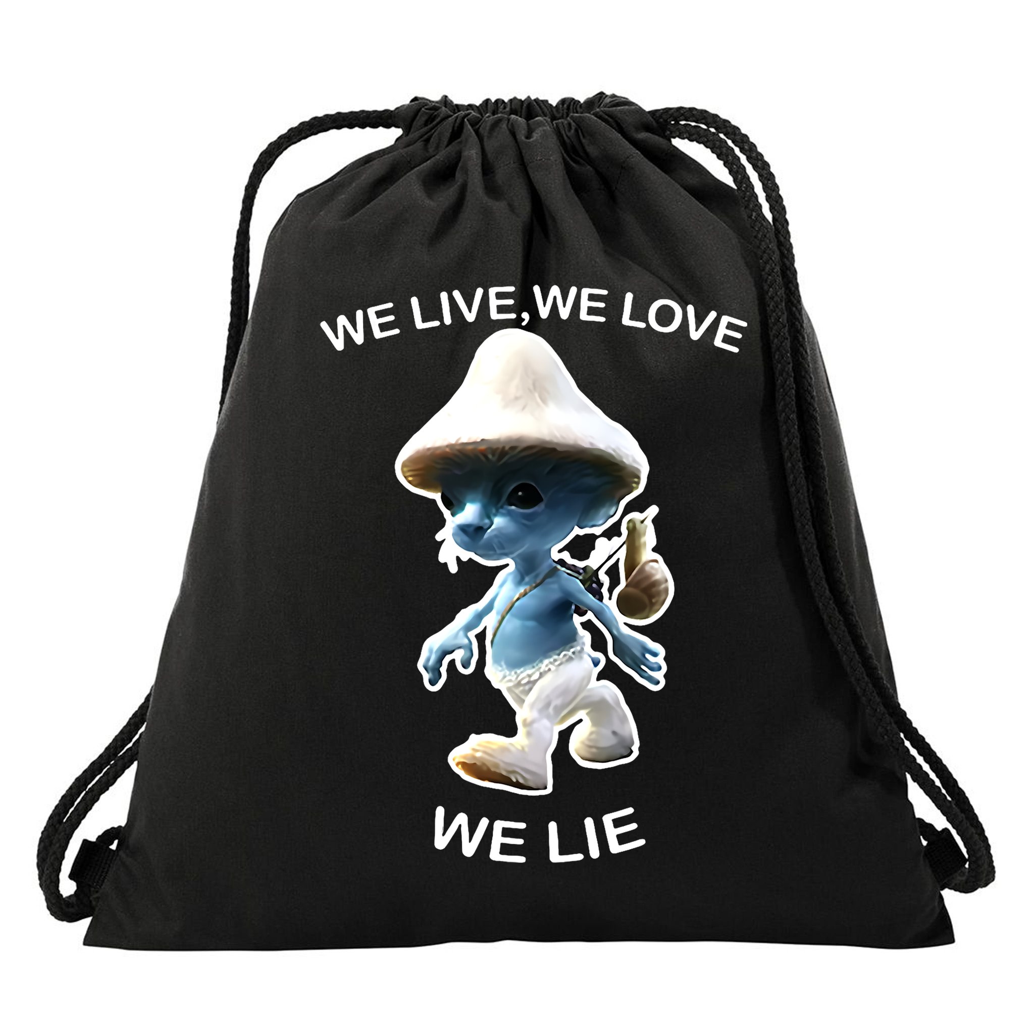We Live We Love We Lie Funny Blue Mushroom Cat Trendy Meme Drawstring Bag