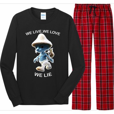 We Live We Love We Lie Funny Blue Mushroom Cat Trendy Meme Long Sleeve Pajama Set