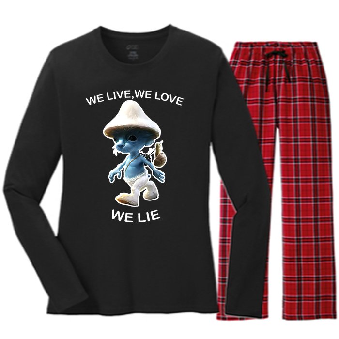 We Live We Love We Lie Funny Blue Mushroom Cat Trendy Meme Women's Long Sleeve Flannel Pajama Set 