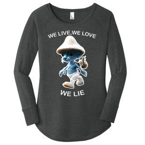 We Live We Love We Lie Funny Blue Mushroom Cat Trendy Meme Women's Perfect Tri Tunic Long Sleeve Shirt