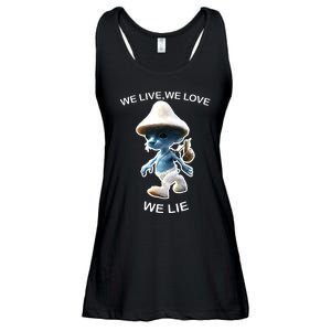 We Live We Love We Lie Funny Blue Mushroom Cat Trendy Meme Ladies Essential Flowy Tank