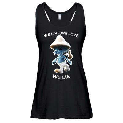 We Live We Love We Lie Funny Blue Mushroom Cat Trendy Meme Ladies Essential Flowy Tank