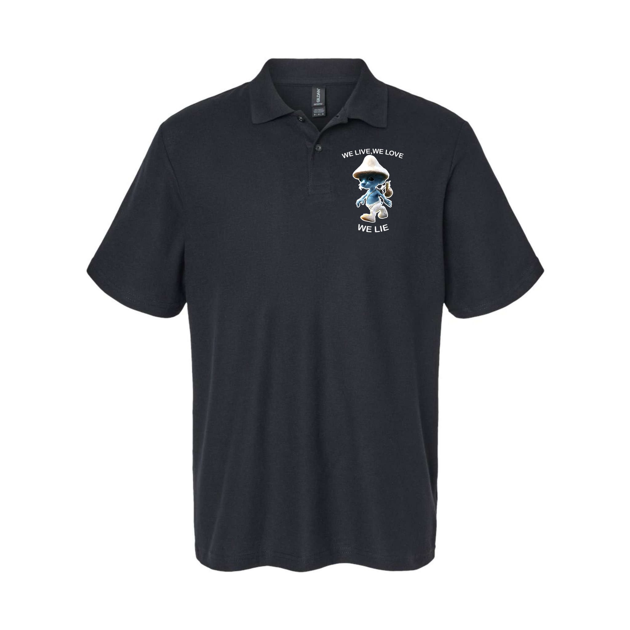 We Live We Love We Lie Funny Blue Mushroom Cat Trendy Meme Polo