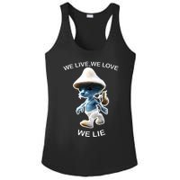 We Live We Love We Lie Funny Blue Mushroom Cat Trendy Meme Ladies PosiCharge Competitor Racerback Tank