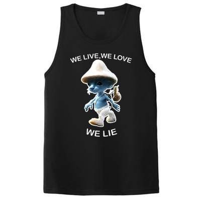 We Live We Love We Lie Funny Blue Mushroom Cat Trendy Meme PosiCharge Competitor Tank