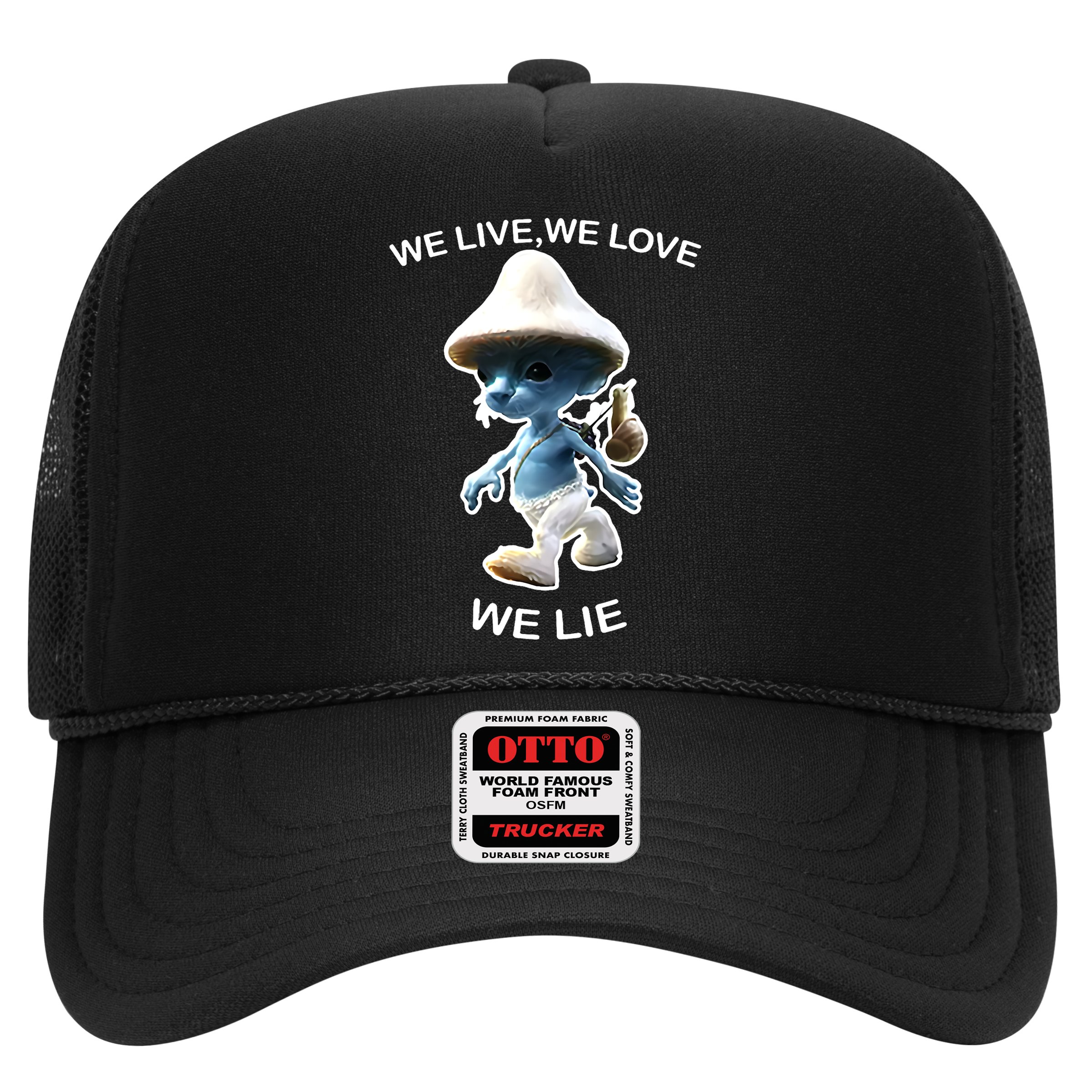 We Live We Love We Lie Funny Blue Mushroom Cat Trendy Meme Hat