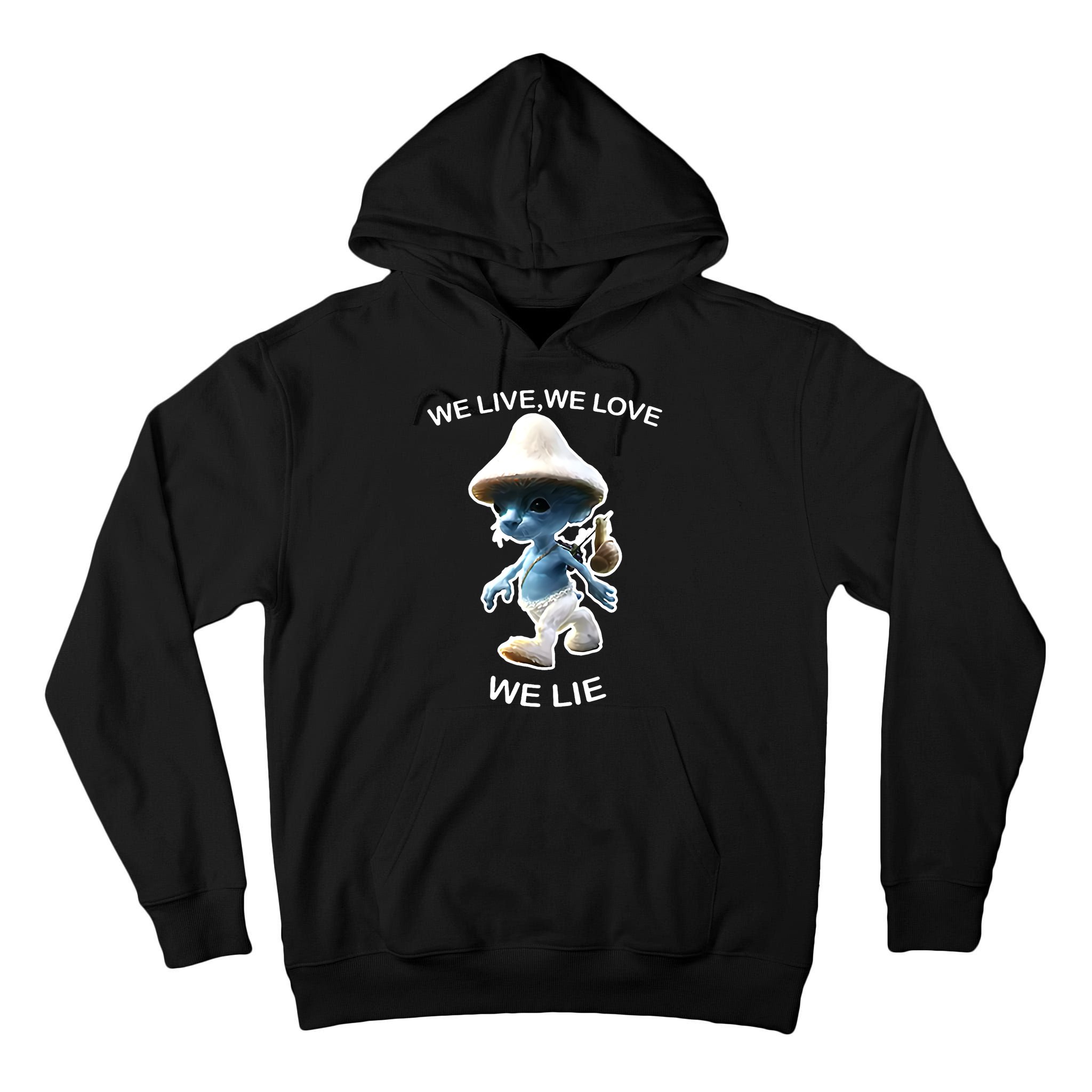 We Live We Love We Lie Funny Blue Mushroom Cat Trendy Meme Tall Hoodie