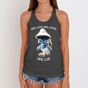 We Live We Love We Lie Funny Blue Mushroom Cat Trendy Meme Women's Knotted Racerback Tank