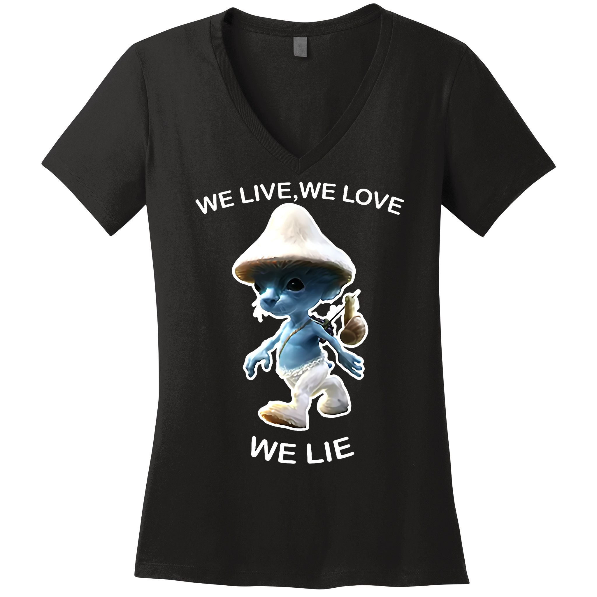 We Live We Love We Lie Funny Blue Mushroom Cat Trendy Meme Women's V-Neck T-Shirt